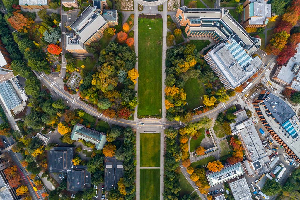 Aerial view of the University of Washington campus showing roads, buildings, and green space